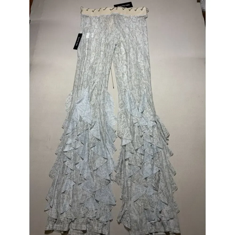 NWT White Fox In Your Glow Pants Halo Mist Size M Sheer Mesh Ruffle Lace Up Y2K
